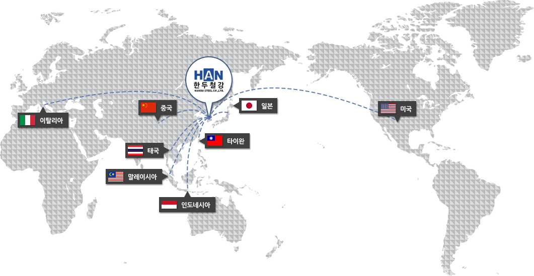 Global Network - 세계 곳곳에서 한두철강의 기술력을 경험하실 수 있습니다.